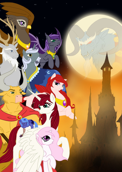 Size: 2460x3485 | Tagged: safe, artist:westphalianartist, derpibooru import, grogar, princess celestia, princess luna, star swirl the bearded, oc, oc:fausticorn, alicorn, bat pony, deer, elk, gryphon, minotaur, pony, sea pony, sheep, :o, alicorn oc, ancient, beard, bedroom eyes, capricorn, castle, elements of harmony, filly, flying, foal, frown, glare, grin, looking back, moon, pink-mane celestia, raised hoof, ram, serious, smiling, spread wings, stag, tambelon, woona, young, younger