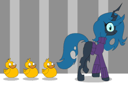 Size: 1200x800 | Tagged: animated, artist:jokerpony, ask teen chrysalis, clothes, duck, following, frown, looking back, queen chrysalis, safe, shirt, smiling, sweater, walking, wat, wide eyes
