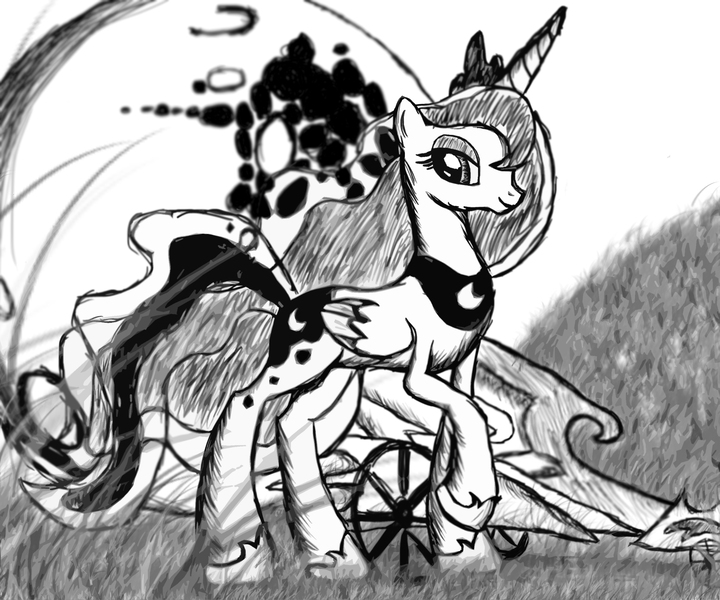 Size: 3000x2500 | Tagged: artist:lethal-doorknob, chariot, monochrome, moon, princess luna, safe, solo