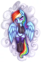 Size: 1000x1500 | Tagged: suggestive, artist:shydale, derpibooru import, rainbow dash, pegasus, pony, both cutie marks, clothes, cloud, costume, evening gloves, female, gloves, latex, mare, panties, shadowbolt dash, shadowbolts, shadowbolts costume, socks, solo, solo female, stupid sexy rainbow dash, underwear