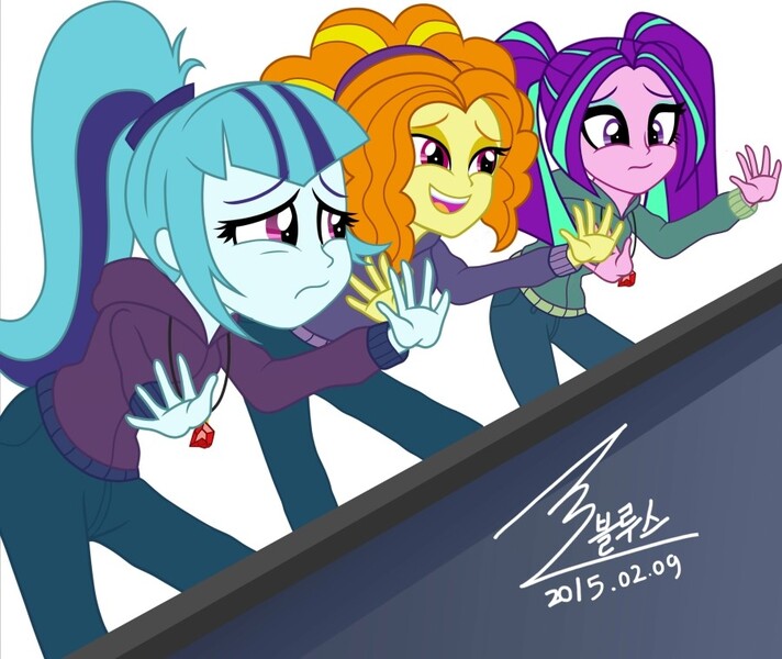 Size: 900x758 | Tagged: safe, artist:bluse, derpibooru import, adagio dazzle, aria blaze, sonata dusk, equestria girls, rainbow rocks, background removed, female, homeless, sad, show accurate, signature, simple background, the dazzlings, white background