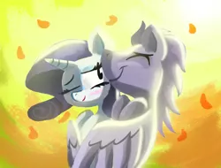 Size: 1024x779 | Tagged: safe, derpibooru import, rarity, oc, oc:kydose, pegasus, pony, autumn, blushing, canon x oc, eyes closed, hug, leaves, love, nuzzling, raridose, shipping, smiling, winghug, wink