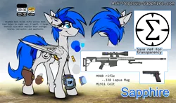 Size: 3741x2195 | Tagged: safe, artist:ralek, derpibooru import, oc, oc:sapphire sights, unofficial characters only, pegasus, pony, fallout equestria, barrett 98b, belt, chest fluff, cutie mark, dock piercing, ear fluff, female, fluffy, gun, holster, hooves, leg fluff, m1911, mare, optical sight, piercing, pipbuck, pistol, reference sheet, rifle, sigma, smiling, sniper, sniper rifle, solo, text, thin, underweight, wasteland, weapon, wings