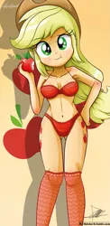 Size: 645x1321 | Tagged: suggestive, alternate version, artist:the-butch-x, derpibooru import, applejack, equestria girls, rainbow rocks, adorasexy, apple, armpits, beautiful, beautiful x, belly button, bra, breasts, clothes, cute, cutie mark, cutie mark on equestria girl, eating, erect nipples, frilly underwear, hand on hip, jackabetes, lingerie, nipple outline, panties, red underwear, sexy, solo, stockings, underwear