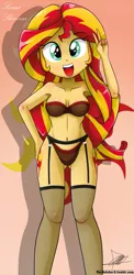 Size: 645x1321 | Tagged: suggestive, alternate version, artist:the-butch-x, derpibooru import, sunset shimmer, equestria girls, rainbow rocks, adorasexy, armpits, beautiful, beautiful x, belly button, bra, breasts, clothes, cute, cutie mark, cutie mark on equestria girl, erect nipples, frilly underwear, garter belt, garters, hand on hip, lingerie, nipple outline, panties, red underwear, sexy, shimmerbetes, solo, stockings, underwear