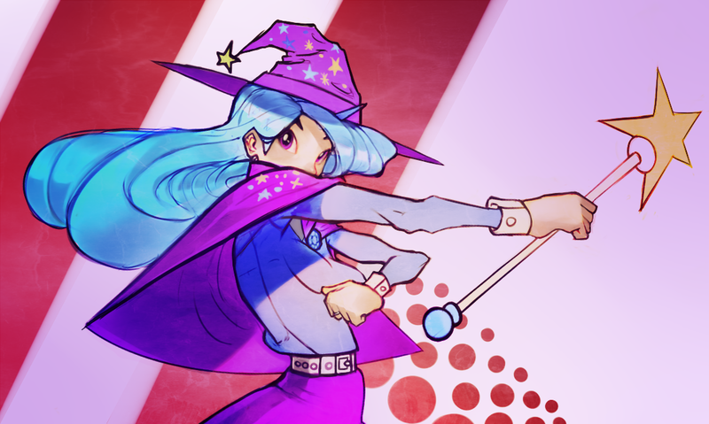 Size: 1116x668 | Tagged: safe, artist:yunni-yunni, derpibooru import, trixie, human, hat, horned humanization, humanized, light skin, wand, witch, witch hat