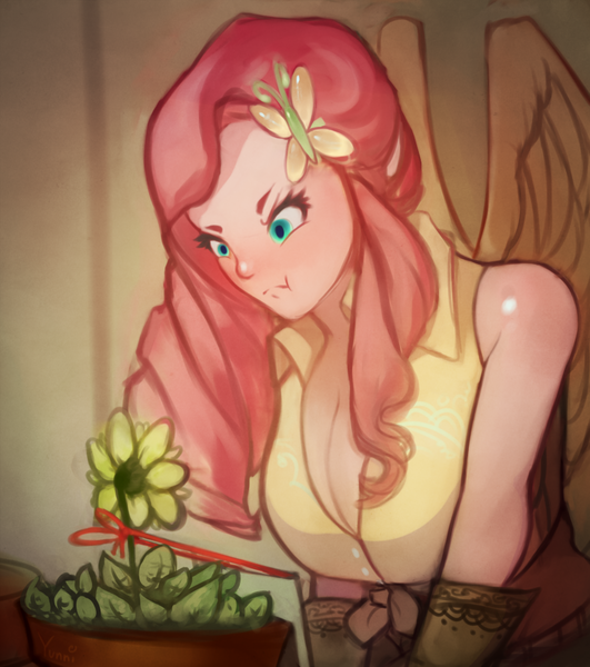 Size: 851x962 | Tagged: safe, artist:yunni-yunni, derpibooru import, fluttershy, human, breasts, cleavage, flower, humanized, light skin, sunflower, the stare, winged humanization