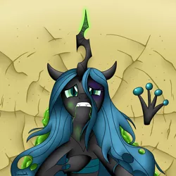 Size: 3000x3000 | Tagged: artist:phoenixdash, black sclera, blood, changeling, changeling queen, chrysabuse, derpibooru import, female, green blood, injured, queen chrysalis, semi-grimdark, solo