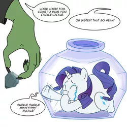 Size: 1000x1000 | Tagged: semi-grimdark, artist:diablo2000, derpibooru import, rarity, tom, fluffy pony, captured, chibi, chubby, crying, fat, hand, hoof sucking, image, png, pony in a bottle, raribuse, raritubby