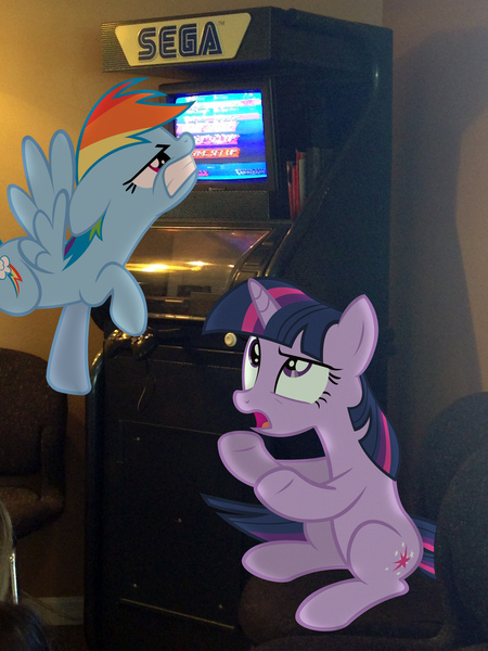 Size: 2448x3264 | Tagged: angry, arcade, artist:thegreenmachine987, artist:uxyd, demo kiosk, derpibooru import, irl, machine, photo, ponies in real life, rainbow dash, safe, sega, sega genesis, sega mega drive, twilight sparkle, vector