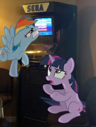 Size: 2448x3264 | Tagged: angry, arcade, artist:thegreenmachine987, artist:uxyd, demo kiosk, derpibooru import, irl, machine, photo, ponies in real life, rainbow dash, safe, sega, sega genesis, sega mega drive, twilight sparkle, vector