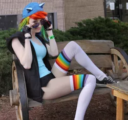 Size: 3820x3570 | Tagged: artist:pyrotempertantrum, clothes, cosplay, derpibooru import, human, irl, irl human, photo, rainbow dash, rainbow socks, safe, socks, solo, striped socks, thigh highs