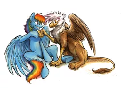 Size: 1187x871 | Tagged: safe, artist:kenket, derpibooru import, gilda, rainbow dash, gryphon, pegasus, pony, duo, female, fist bump, fluffy, hoofbump, image, jpeg, mare, messy mane, simple background, sitting, smiling, spread wings, white background, wings