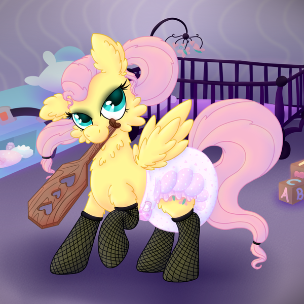 Size: 1000x1000 | Tagged: alternate hairstyle, artist:plinkie_poi, blocks, crib, cutie mark, diaper, diaper fetish, fishnets, fluffy, fluttershy, goth, nursery, paddle, poofy diaper, questionable