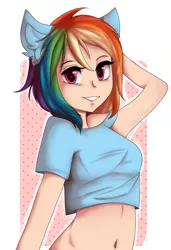 Size: 784x1145 | Tagged: arm behind head, artist:yukomaussi, belly button, bottomless, clothes, eared humanization, human, humanized, light skin, midriff, pony ears, rainbow dash, safe, solo