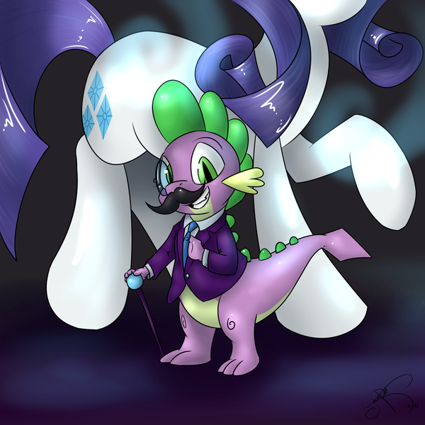 Size: 1280x1280 | Tagged: safe, artist:jorobro, derpibooru import, rarity, spike, daily life of spike, clothes, female, male, monocle, moustache, shipping, sparity, straight, suit