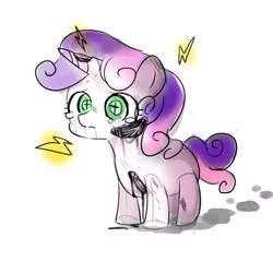 Size: 800x800 | Tagged: safe, artist:weiliy, derpibooru import, sweetie belle, pony, robot, robot pony, unicorn, crying, damaged, electricity, female, filly, frown, hooves, horn, pixiv, sad, simple background, solo, sweetie bot, teary eyes, white background