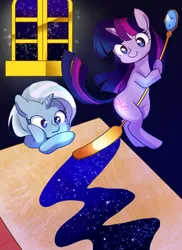 Size: 582x800 | Tagged: safe, artist:weiliy, derpibooru import, trixie, twilight sparkle, pony, unicorn, cute, duo, female, horn, indoors, looking at something, mare, night, pixiv, smiling, stars, table, unicorn twilight