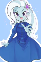 Size: 466x700 | Tagged: safe, artist:weiliy, derpibooru import, trixie, equestria girls, rainbow rocks, barrette, blue background, blushing, clothes, cute, diatrixes, dress, fall formal outfits, hairclip, hairpin, looking at you, open mouth, pixiv, poofy shoulders, reaching out, simple background, smiling, solo, vest