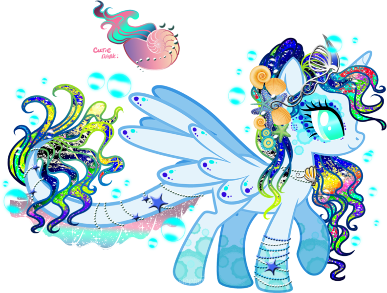 Size: 887x672 | Tagged: safe, artist:rainseed, artist:yukiadoptablesponies, derpibooru import, oc, unofficial characters only, alicorn, nautilus, pony, starfish, alicorn oc, necklace, seashell, solo, stars, tiara