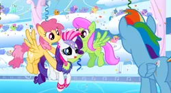Size: 1099x597 | Tagged: safe, derpibooru import, screencap, derpy hooves, dizzy twister, endless clouds, lightning bolt, lyra heartstrings, merry may, orange swirl, rainbow dash, rainbowshine, rarity, unnamed pony, white lightning, wing wishes, pegasus, pony, unicorn, sonic rainboom (episode), background pony, background pony audience, carrying, cheering, clones, cloudiseum, confetti, derpies, female, flying, irrational exuberance, lipstick, lyra doing lyra things, makeup, mare, pronking, smiling, streamers