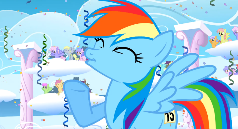 Size: 1099x597 | Tagged: safe, derpibooru import, screencap, derpy hooves, dizzy twister, endless clouds, high spirits, lightning bolt, merry may, orange swirl, rainbow dash, rainbowshine, sassaflash, white lightning, pegasus, pony, sonic rainboom (episode), background pony audience, cloudiseum, confetti, eyes closed, female, mare, raised hoof, solo focus, streamers