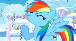 Size: 1099x597 | Tagged: safe, derpibooru import, screencap, derpy hooves, dizzy twister, endless clouds, high spirits, lightning bolt, merry may, orange swirl, rainbow dash, rainbowshine, sassaflash, white lightning, pegasus, pony, sonic rainboom (episode), background pony audience, cloudiseum, confetti, eyes closed, female, mare, raised hoof, solo focus, streamers