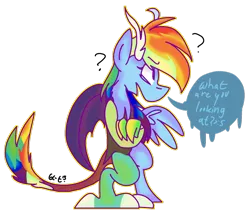 Size: 1024x876 | Tagged: safe, artist:dizzee-toaster, derpibooru import, rainbow dash, dialogue, draconequified, question mark, simple background, solo, species swap, transparent background