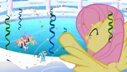 Size: 1366x768 | Tagged: safe, derpibooru import, screencap, cloud kicker, derpy hooves, dizzy twister, fluttershy, high spirits, merry may, orange swirl, rainbow dash, rainbowshine, rarity, spring melody, sprinkle medley, pegasus, pony, sonic rainboom (episode), cheering, cloudiseum, confetti, female, mare, streamers