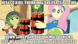 Size: 893x500 | Tagged: safe, derpibooru import, edit, screencap, fluttershy, sandalwood, equestria girls, dark comedy, dynamite, eco kid insults, image macro, meme, peta