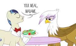 Size: 3500x2133 | Tagged: artist needed, safe, derpibooru import, gilda, savoir fare, gryphon, frown, gilda is not amused, glare, hoof hold, salad, simple background, table, transparent background, unamused, vector, waiter
