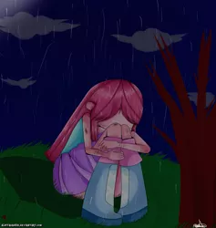 Size: 1293x1366 | Tagged: safe, artist:vixelzf, derpibooru import, pinkie pie, human, equestria girls, bruised, crying, lonely, pinkamena diane pie, rain, sad, sitting, solo