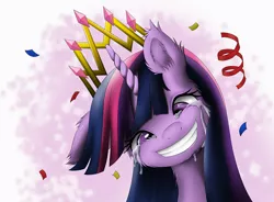 Size: 900x664 | Tagged: safe, artist:cyle, derpibooru import, twilight sparkle, twilight sparkle (alicorn), alicorn, pony, confetti, coronation, crying, ear fluff, female, fluffy, grin, mare, new crown, solo, tears of joy