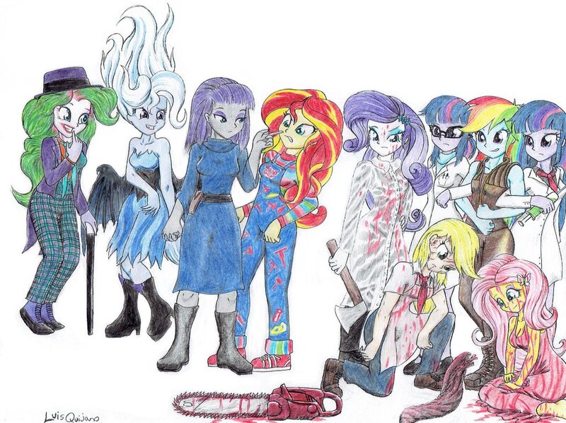 Size: 1024x765 | Tagged: dead source, grimdark, artist:mrgodzillajodedor, derpibooru import, applejack, fluttershy, maud pie, pinkie pie, rainbow dash, rarity, sci-twi, sunset shimmer, trixie, twilight sparkle, twilight sparkle (alicorn), alien, human, xenomorph, .mov, shed.mov, equestria girls, rainbow rocks, alien (franchise), american psycho, axe, batman, bigamy, blood, bloody, breasts, carrie, chainsaw, chestburster, child's play, chucky, clothes, cosplay, costume, cthulhu mythos, disguise, duality, ellen ripley, female, fluttershed, gore, h.p. lovecraft, halloween, herbert west, hilarious in hindsight, humane seven, humanized, jack nicholson, leatherface, lesbian, lovecraft, mad scientist, mane six, mauxie, patrick bateman, pinkie joker, pony.mov, re-animator, self paradox, shipping, sunset satan, the joker, the texas chainsaw massacre, traditional art, twidash, twinlights, vest