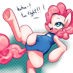 Size: 1280x1280 | Tagged: artist:maren, clothes, derpibooru import, edit, one-piece swimsuit, pinkie pie, safe, solo, sukumizu, swimsuit, underhoof