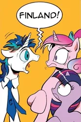 Size: 365x549 | Tagged: safe, derpibooru import, princess cadance, shining armor, twilight sparkle, pony, unicorn, spoiler:comic, dialogue, exploitable meme, female, filly, finland, floppy ears, frankendoodle, looking at each other, meme, necktie, open mouth, orange background, raised hoof, reference, screaming armor, shrunken pupils, simple background, spongebob squarepants, younger