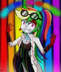 Size: 976x1160 | Tagged: semi-grimdark, artist:riouku, derpibooru import, rainbow dash, fanfic:rainbow factory, equestria girls, blood, breasts, cleavage, clothes, creepy, creepy grin, creepy smile, female, gloves, goggles, grin, lab coat, ponytail, smiling, solo