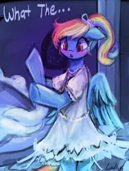 Size: 1440x1920 | Tagged: safe, artist:lumineko, derpibooru import, rainbow dash, pegasus, pony, semi-anthro, 30 minute art challenge, alternate hairstyle, bipedal, blushing, clothes, dress, female, mare, night, open mouth, pixiv, ponytail, rainbow dash always dresses in style, signature, solo