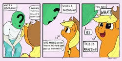 Size: 1276x643 | Tagged: applejack, artist:trickydick, behaving like a dog, comic, cute, derpibooru import, edit, human, jackabetes, oc, oc:anon, overanalyzing, parody, safe, slice of life, three panel soul, who's a good pony