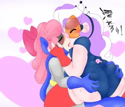 Size: 3000x2564 | Tagged: suggestive, artist:blackbewhite2k7, derpibooru import, apple bloom, diamond tiara, human, angry, batgirl, bbw, butt grab, chubby diamond, diamond buttiara, diamondbloom, fat, female, grope, hand on butt, heart, humanized, kismesis, kissing, lesbian, light skin, pig nose, pig tail, shipping, the capitalist piglette