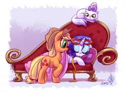 Size: 1280x943 | Tagged: safe, artist:whitediamonds, derpibooru import, applejack, opalescence, rarity, cat, earth pony, pony, unicorn, blanket, bow, couch, eyes closed, fainting couch, female, freckles, glasses, hair bow, hat, lesbian, mare, mouth hold, open mouth, raised hoof, rarijack, rarijack daily, shipping, sleeping