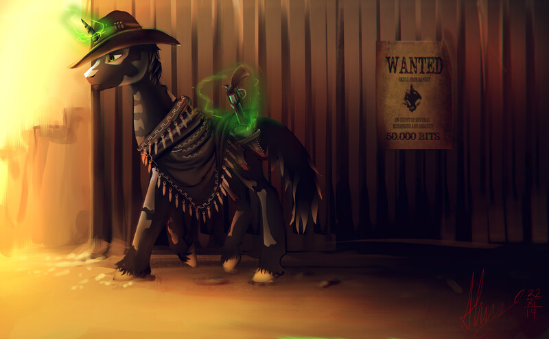 Size: 5000x3090 | Tagged: safe, artist:alumx, derpibooru import, oc, oc:sawbones, unofficial characters only, pony, unicorn, bandit, bodypaint, chromatic aberration, clothes, cowboy hat, green eyes, gun, hat, magic, male, poncho, poster, revolver, solo, stallion, wanted poster, wild west