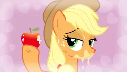 Size: 11200x6300 | Tagged: absurd resolution, apple, applejack, apple juice, applejuice meme, artist:parclytaxel, bedroom eyes, derpibooru import, eating, heart, messy eating, safe, safe by show, simple ways, solo, .svg available, sweat, vector, wallpaper