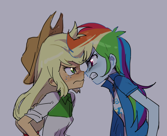 Size: 551x448 | Tagged: dead source, safe, artist:baekgup, derpibooru import, applejack, rainbow dash, equestria girls, angry, argument, duo, gritted teeth