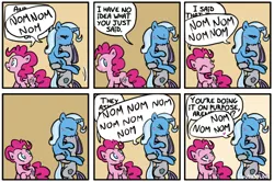 Size: 600x399 | Tagged: suggestive, artist:foudubulbe, derpibooru import, maud pie, pinkie pie, trixie, pony, comic:damp rocks, bipedal, blushing, carrying, comic, ear bite, eyes closed, female, heart, inconvenient trixie, interrupted, kissing, lesbian, mauxie, shipping