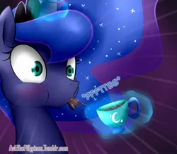 Size: 660x576 | Tagged: artist:pshyzomancer, derpibooru import, princess luna, safe, solo, spit take, tea, teacup