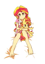 Size: 700x1000 | Tagged: safe, artist:joycall6, derpibooru import, sunset shimmer, human, pony, equestria girls, barefoot, cute, feet, head tilt, holding a pony, hug, human ponidox, humanized, light skin, looking at you, open mouth, pointing, shimmerbetes, sitting, smiling