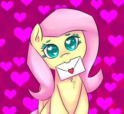 Size: 1200x1100 | Tagged: artist:wolfy-pony, chest fluff, cute, derpibooru import, eyelashes, fluttershy, heart, looking at you, love letter, mouth hold, safe, smiling, solo, valentine, valentine's day