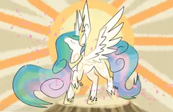 Size: 2550x1650 | Tagged: artist:rainbow-smashed, derpibooru import, eyes closed, princess celestia, raised hoof, safe, solo, spread wings, sun, sunrise