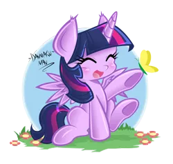 Size: 2630x2500 | Tagged: safe, artist:danmakuman, derpibooru import, twilight sparkle, twilight sparkle (alicorn), alicorn, butterfly, pony, cute, danmakuman is trying to murder us, female, happy, mare, simple background, solo, transparent background, twiabetes, weapons-grade cute
